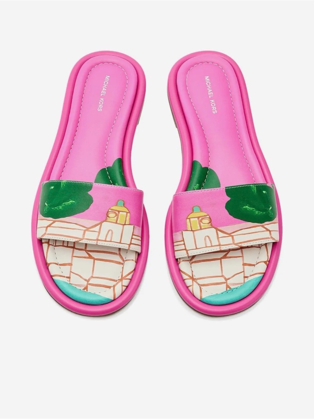 Michael Kors Kids Bright Pink Slide Sandals with Green & Turquoise Accents